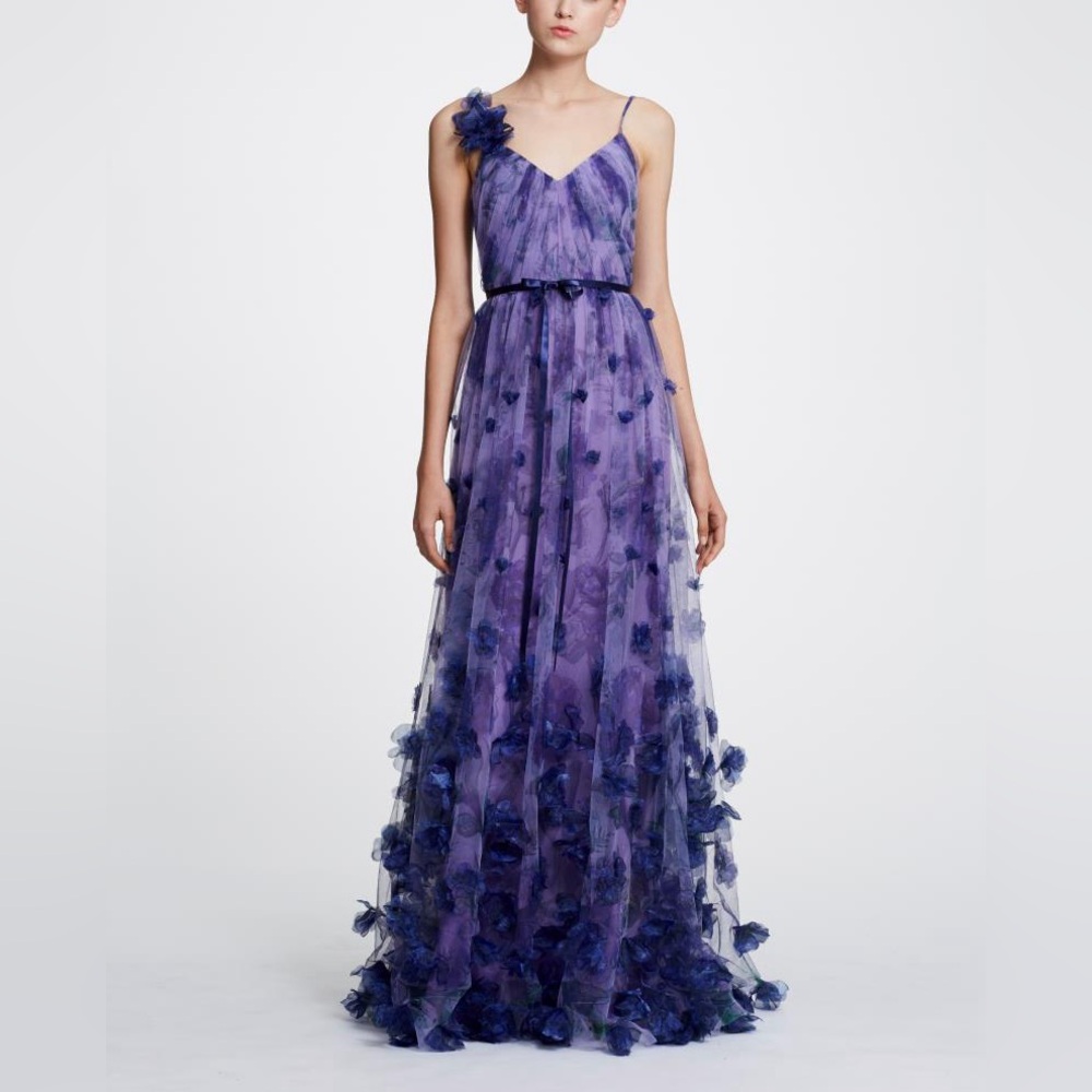 NWT Marchesa Notte Evening Gown Floral Applique Maxi 14